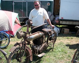 Oley Penn 2010 100_0264 Lonnie Isom Jr. with his 1913 Indian motorcycle cannonball entry.