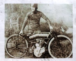 1911 Flying Merkel Racer 2020-08-14 0883 This early American daredevil poses with his custom "bent tank" 1911 Flying Merkel board track racer.